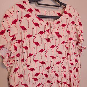 Lindy Bop Flamingo Print Midi Dress - Pink and Cream